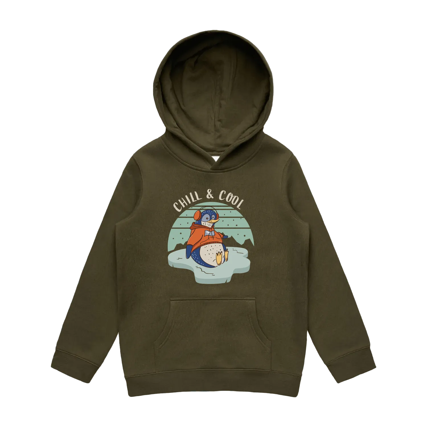 Youth army penguin hoodie featuring a cute, funny hand-drawn penguin design, Chill & Cool print