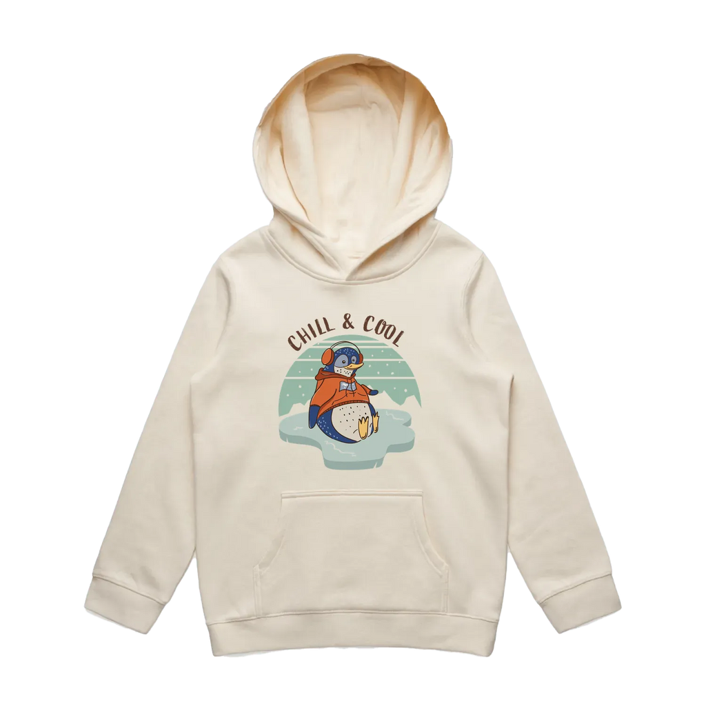 Youth ecru penguin hoodie featuring a cute, funny hand-drawn penguin design, Chill & Cool print