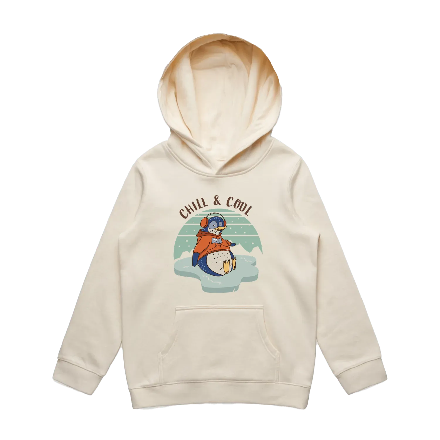Youth ecru penguin hoodie featuring a cute, funny hand-drawn penguin design, Chill & Cool print