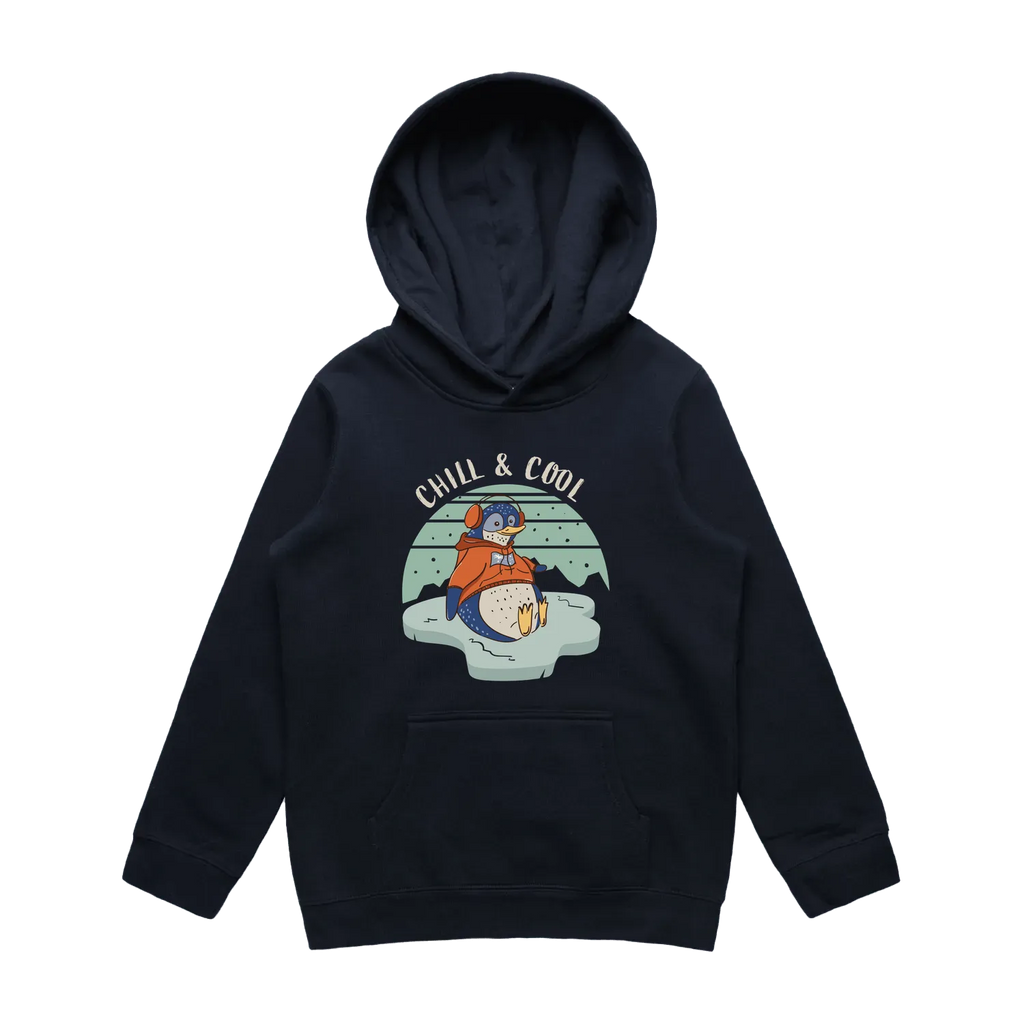 Youth navy penguin hoodie featuring a cute, funny hand-drawn penguin design, Chill & Cool print