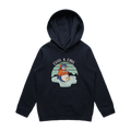Youth navy penguin hoodie featuring a cute, funny hand-drawn penguin design, Chill & Cool print