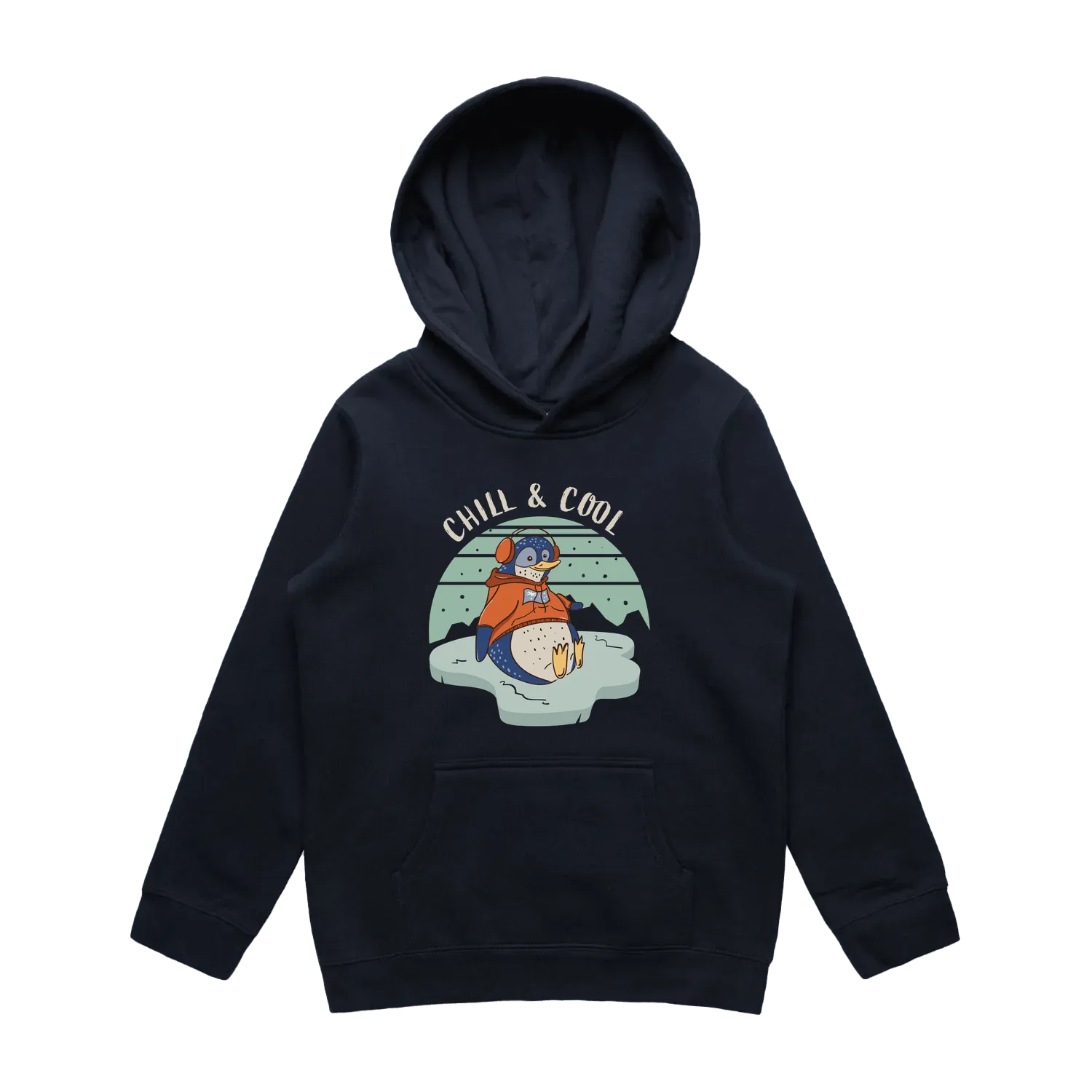 Youth navy penguin hoodie featuring a cute, funny hand-drawn penguin design, Chill & Cool print