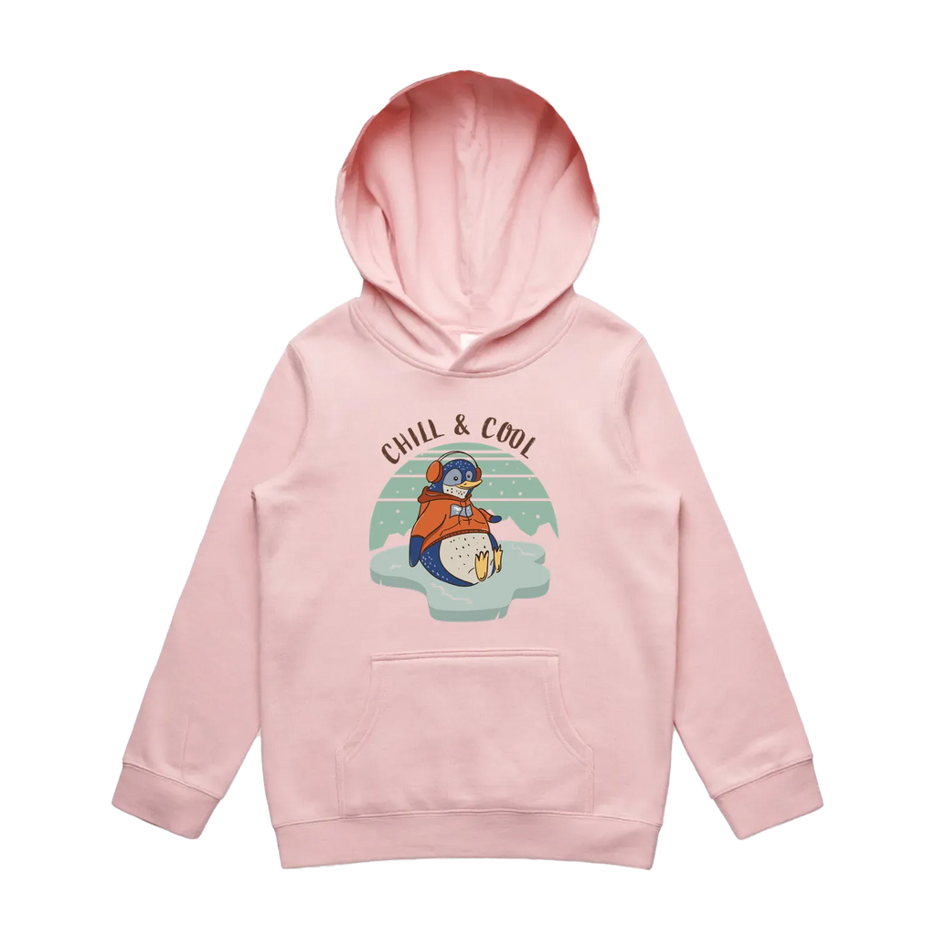 Youth pink penguin hoodie featuring a cute, funny hand-drawn penguin design, Chill & Cool print