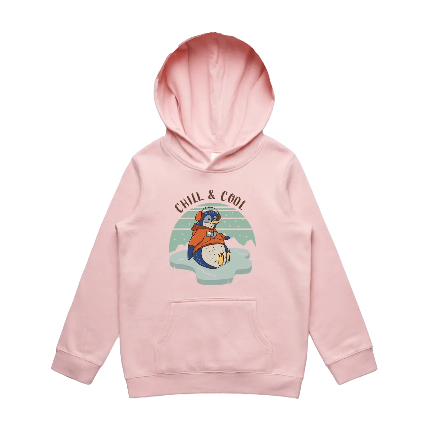 Youth pink penguin hoodie featuring a cute, funny hand-drawn penguin design, Chill & Cool print