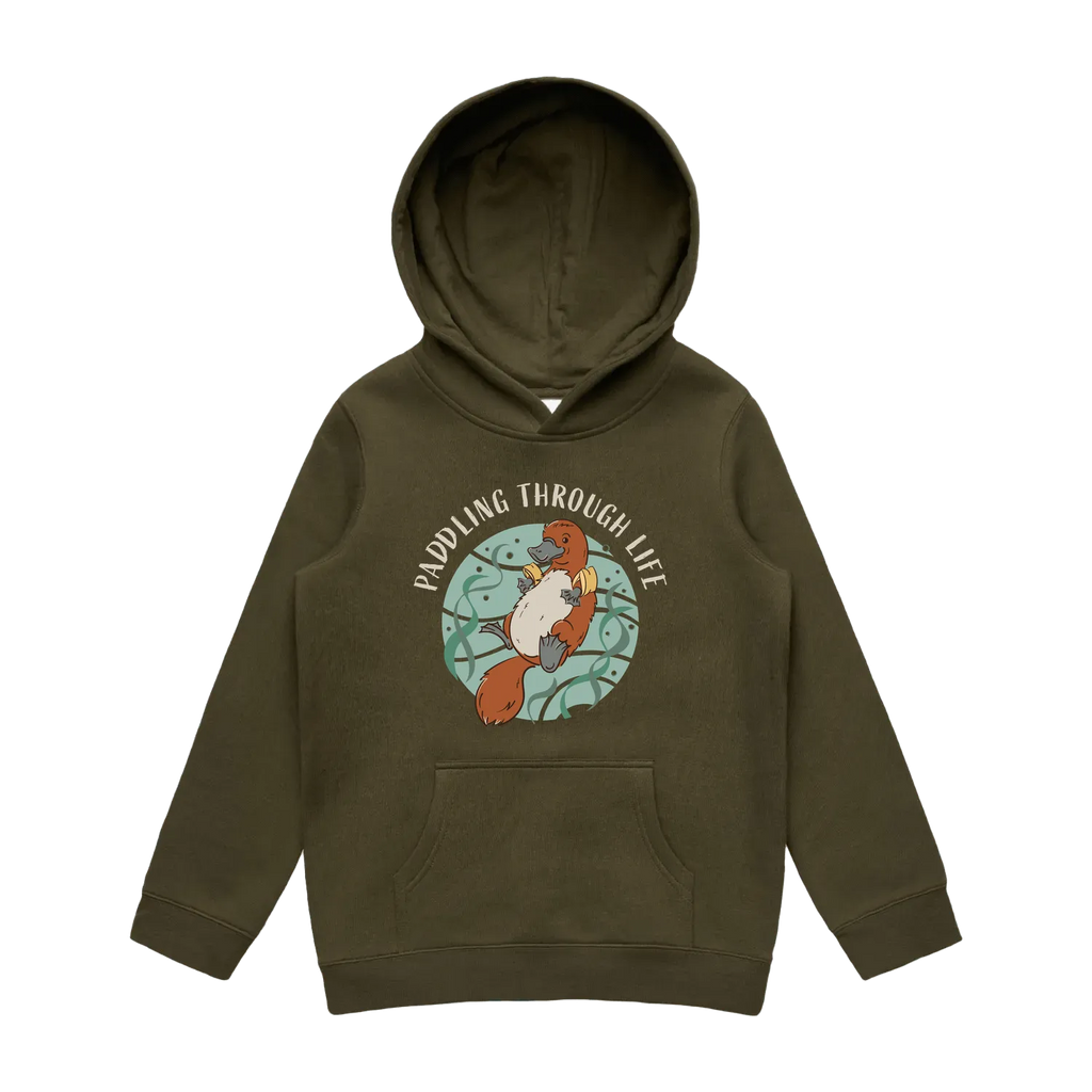 Youth army platypus hoodie featuring a cute, funny hand-drawn platypus design, Paddling Through Life print