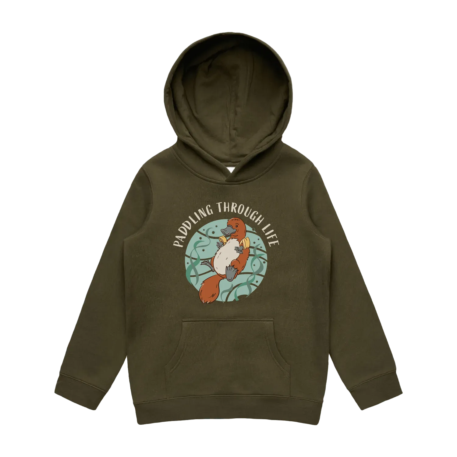 Youth army platypus hoodie featuring a cute, funny hand-drawn platypus design, Paddling Through Life print