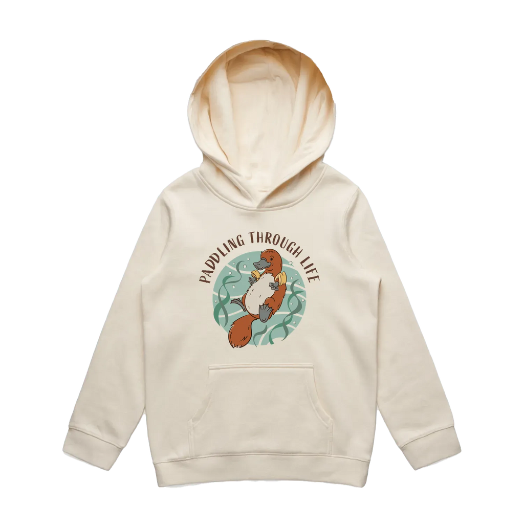 Youth ecru platypus hoodie featuring a cute, funny hand-drawn platypus design, Paddling Through Life print