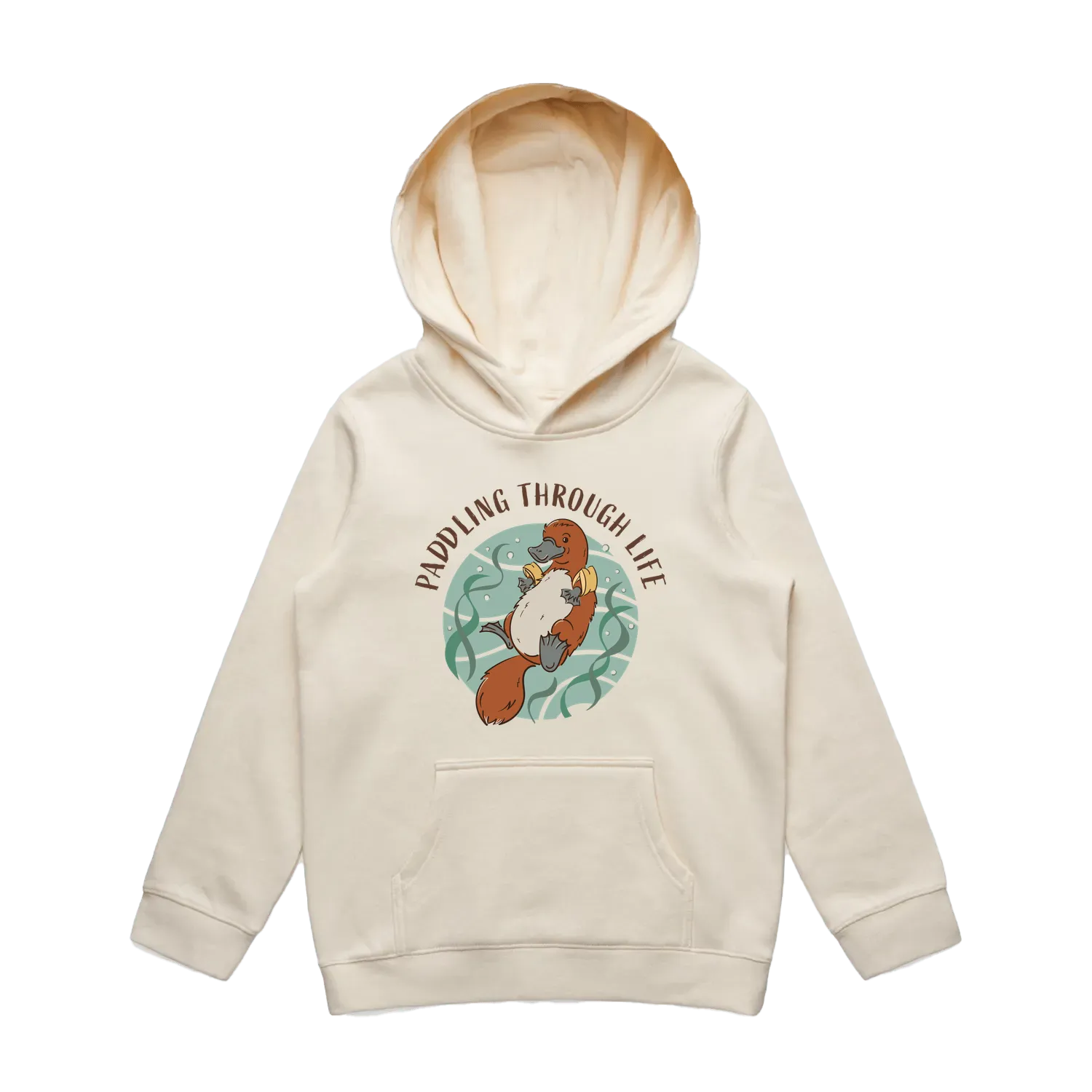 Youth ecru platypus hoodie featuring a cute, funny hand-drawn platypus design, Paddling Through Life print