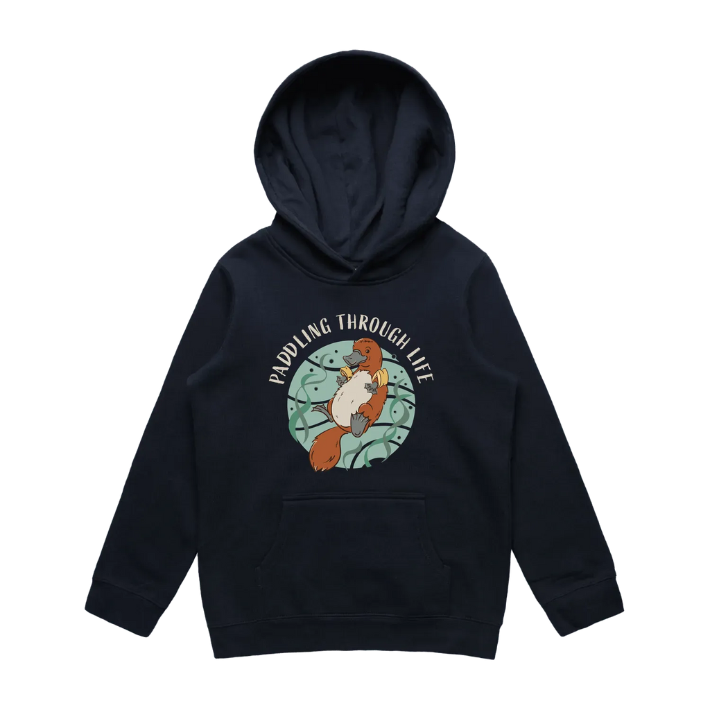 Youth navy platypus hoodie featuring a cute, funny hand-drawn platypus design, Paddling Through Life print