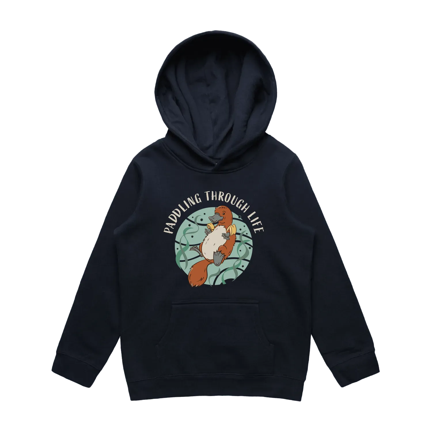 Youth navy platypus hoodie featuring a cute, funny hand-drawn platypus design, Paddling Through Life print