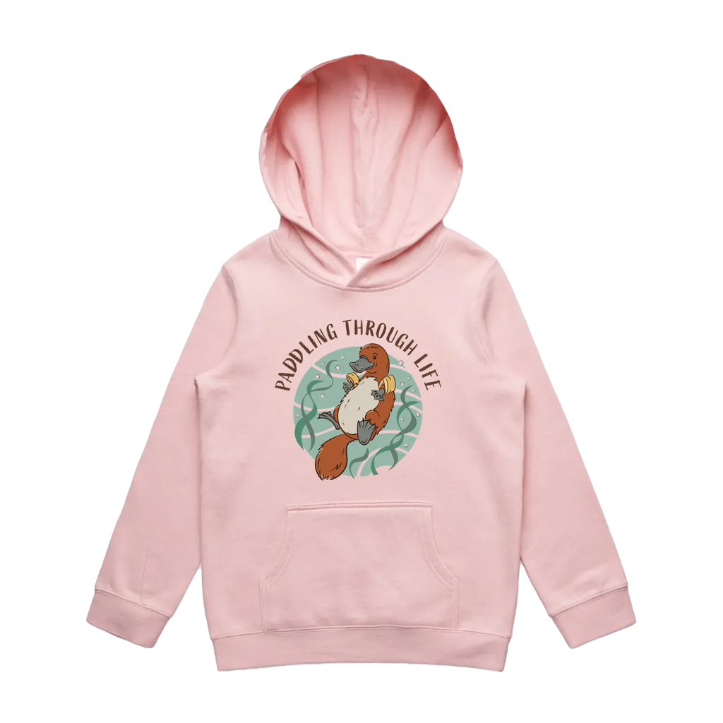 Youth pink platypus hoodie featuring a cute, funny hand-drawn platypus design, Paddling Through Life print