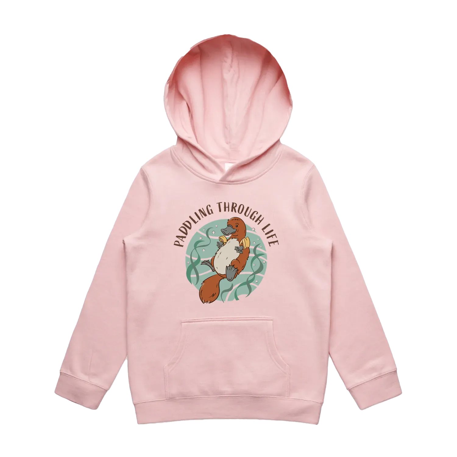 Youth pink platypus hoodie featuring a cute, funny hand-drawn platypus design, Paddling Through Life print