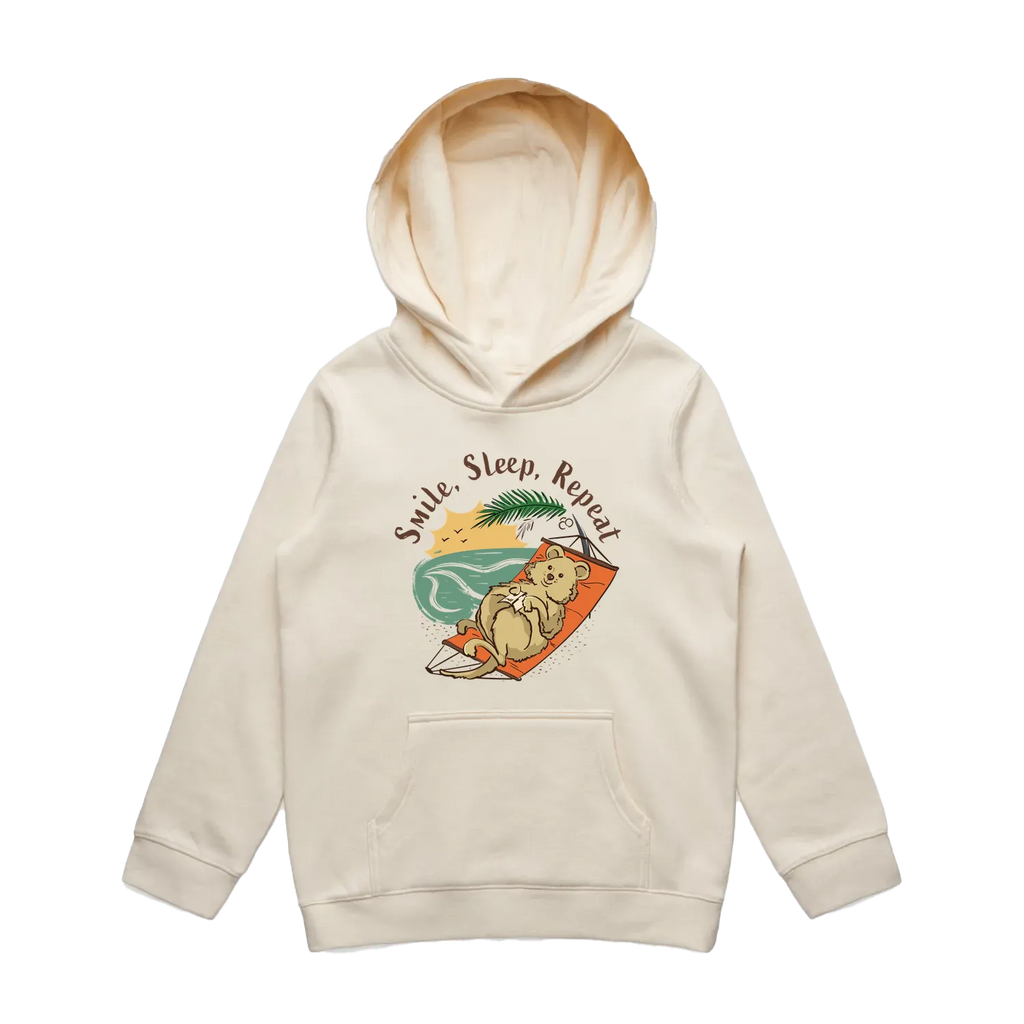 Youth ecru quokka hoodie featuring a cute, funny hand-drawn smiling quokka design, Smile Sleep Repeat print