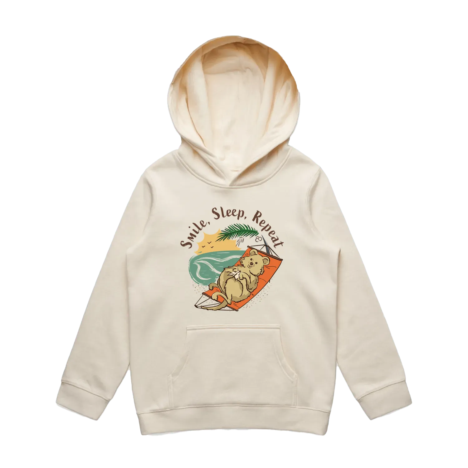 Youth ecru quokka hoodie featuring a cute, funny hand-drawn smiling quokka design, Smile Sleep Repeat print