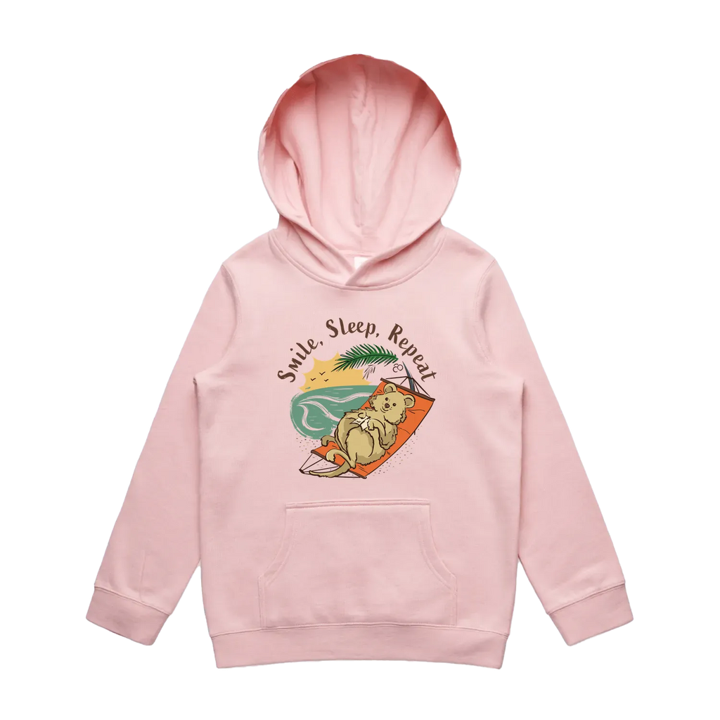 Youth pink quokka hoodie featuring a cute, funny hand-drawn smiling quokka design, Smile Sleep Repeat print