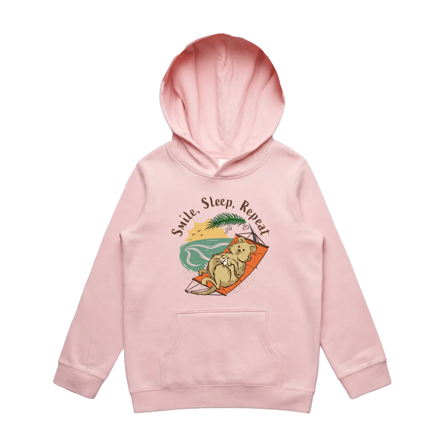 Youth pink quokka hoodie featuring a cute, funny hand-drawn smiling quokka design, Smile Sleep Repeat print