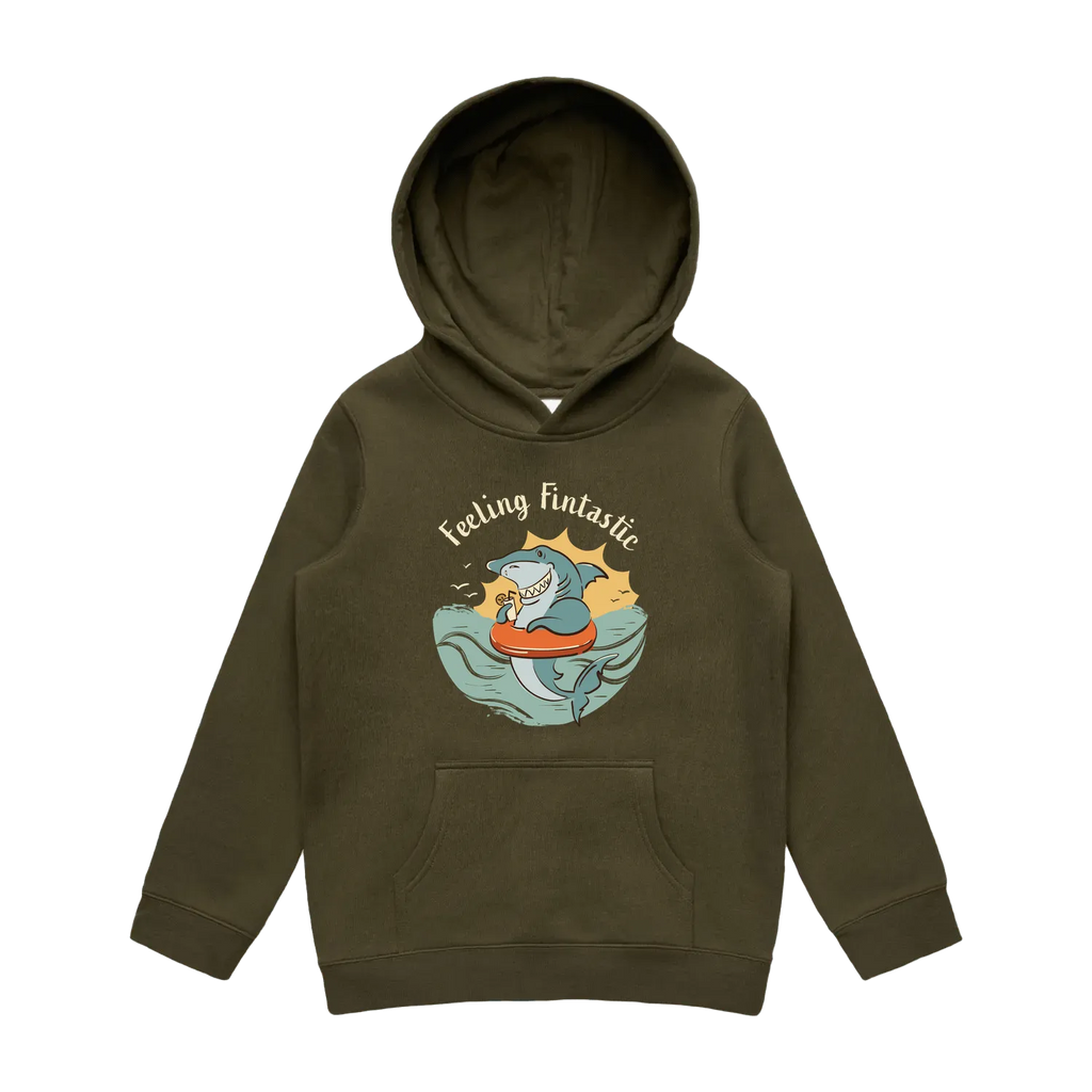 Youth army shark hoodie featuring a cute, funny hand-drawn shark design, Feeling Fintastic print