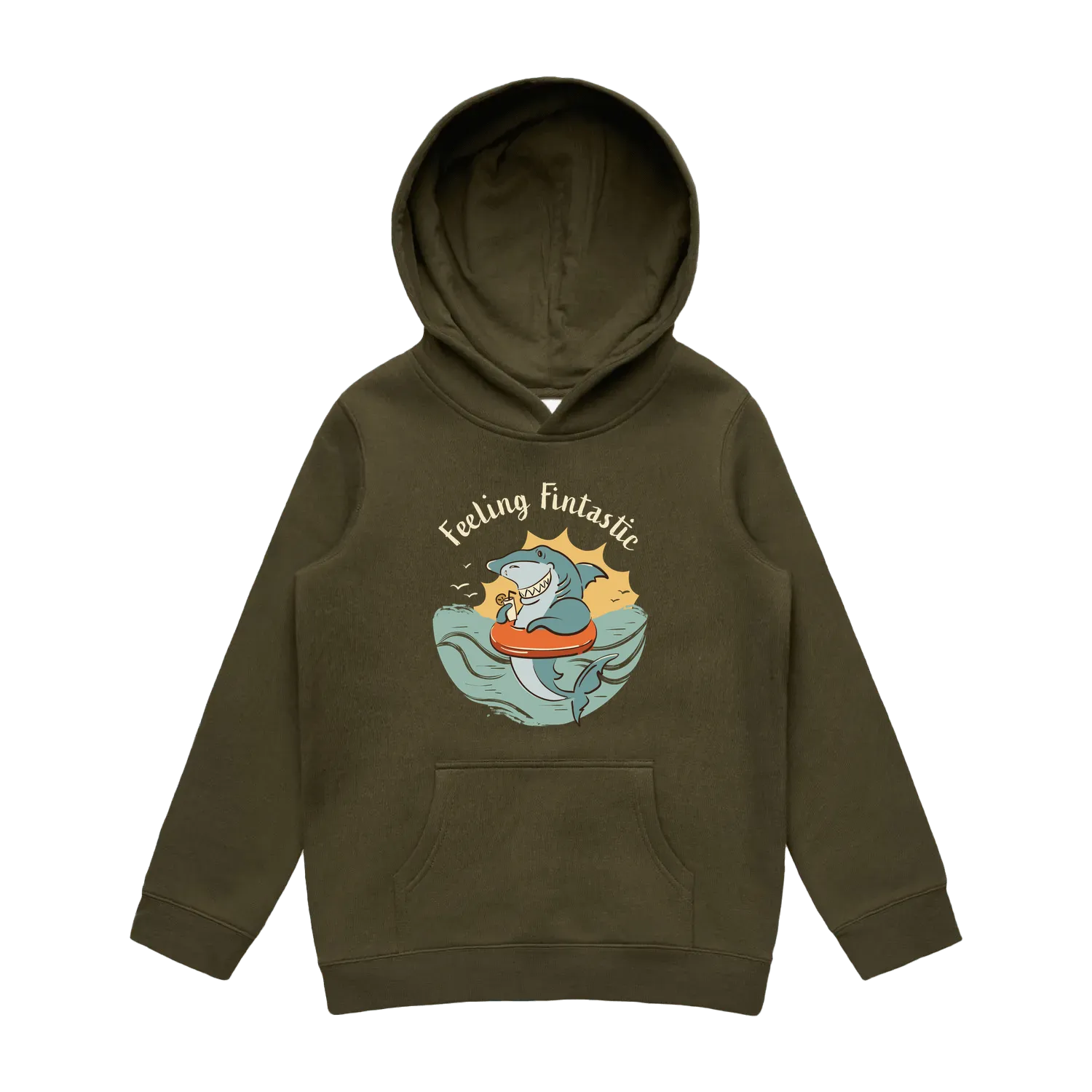 Youth army shark hoodie featuring a cute, funny hand-drawn shark design, Feeling Fintastic print