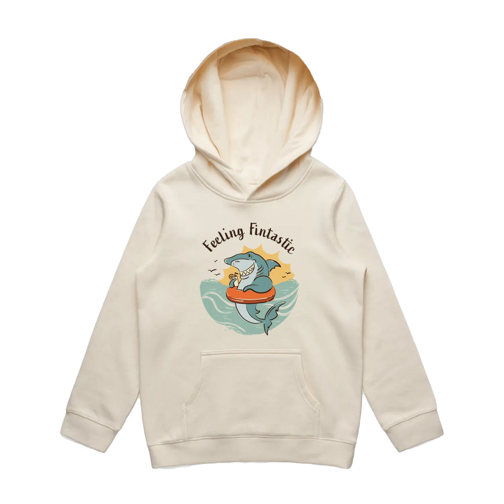 Youth ecru shark hoodie featuring a cute, funny hand-drawn shark design, Feeling Fintastic print