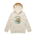 Youth ecru shark hoodie featuring a cute, funny hand-drawn shark design, Feeling Fintastic print