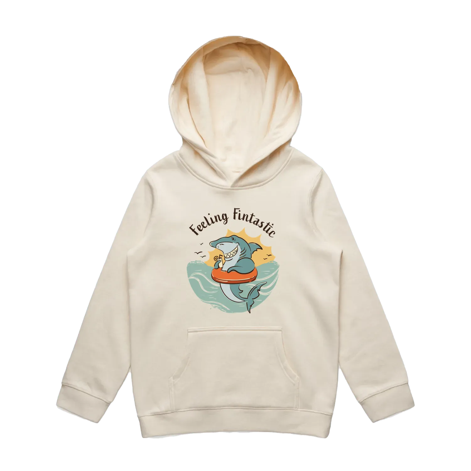 Youth ecru shark hoodie featuring a cute, funny hand-drawn shark design, Feeling Fintastic print