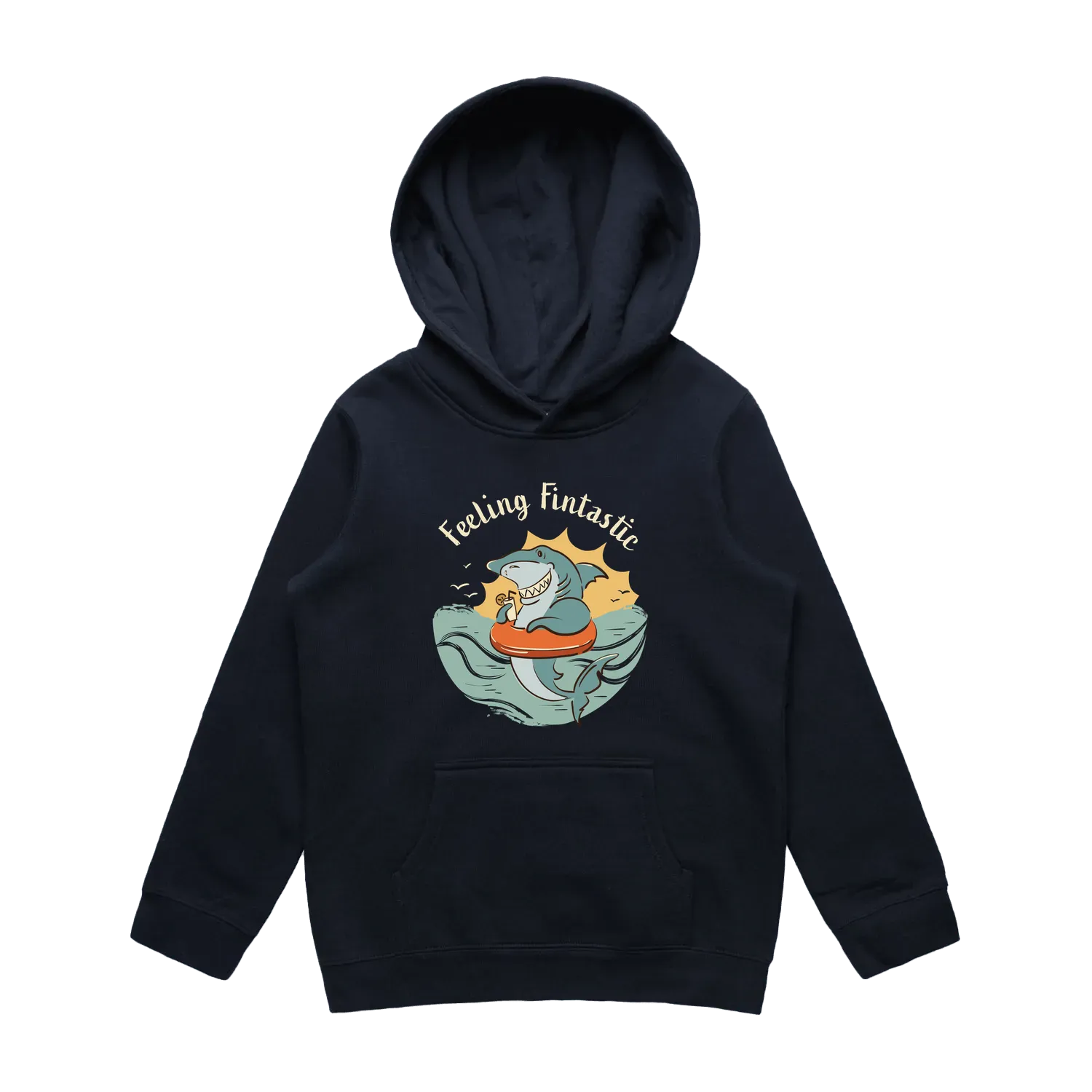 Youth navy shark hoodie featuring a cute, funny hand-drawn shark design, Feeling Fintastic print