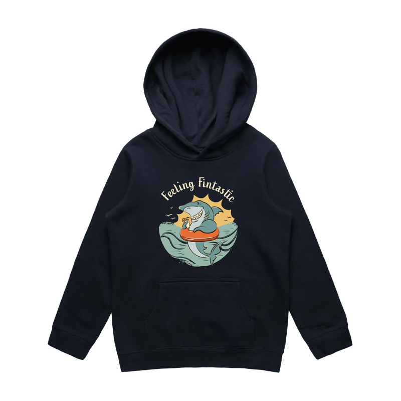Youth navy shark hoodie featuring a cute, funny hand-drawn shark design, Feeling Fintastic print
