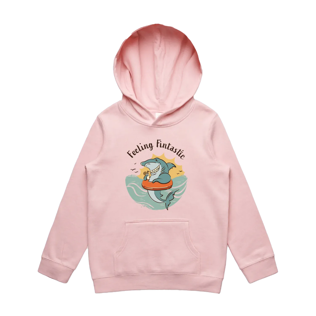 Youth pink shark hoodie featuring a cute, funny hand-drawn shark design, Feeling Fintastic print