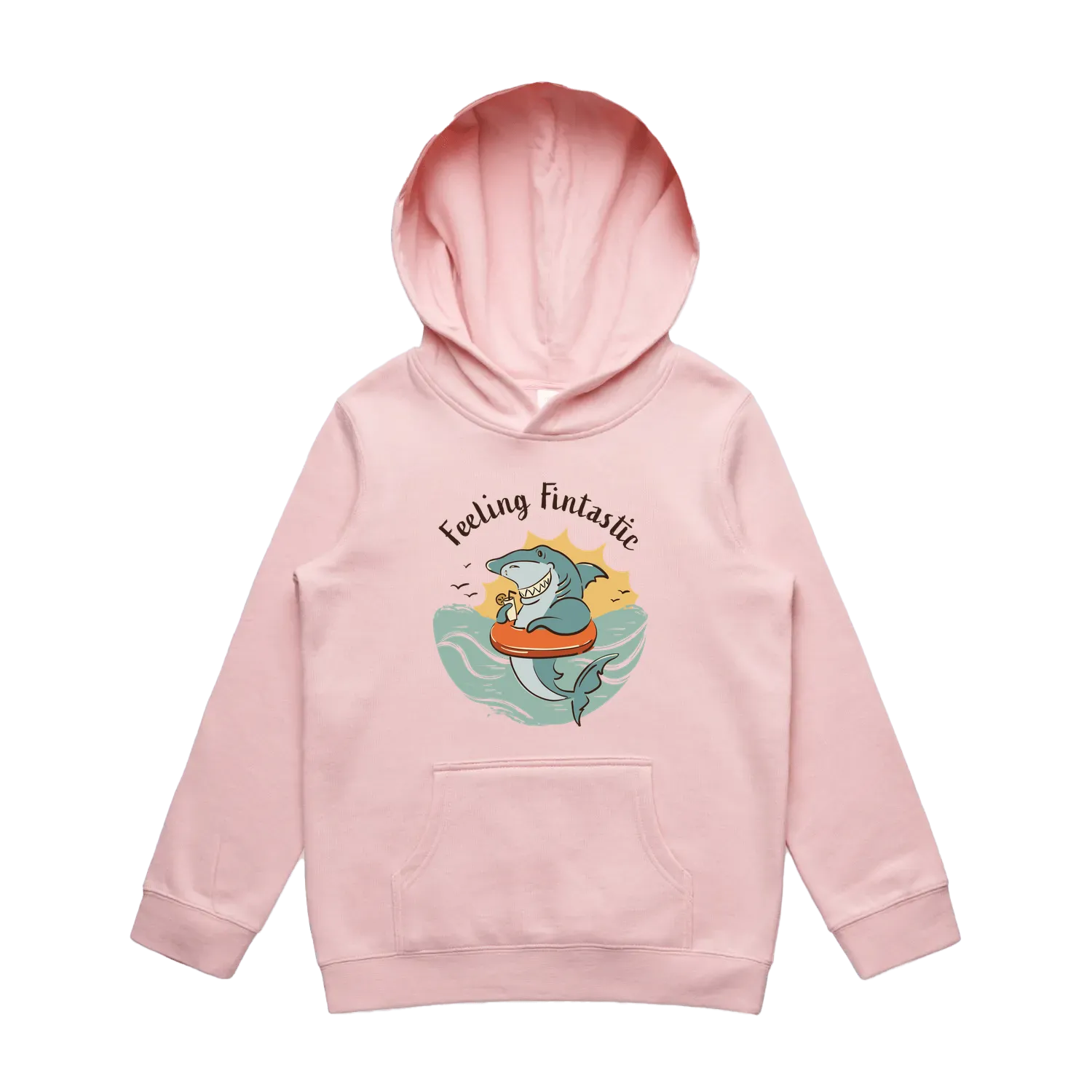 Youth pink shark hoodie featuring a cute, funny hand-drawn shark design, Feeling Fintastic print