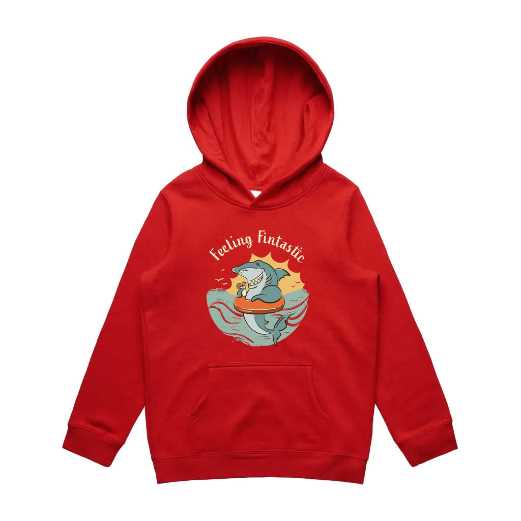 Youth red shark hoodie featuring a cute, funny hand-drawn shark design, Feeling Fintastic print