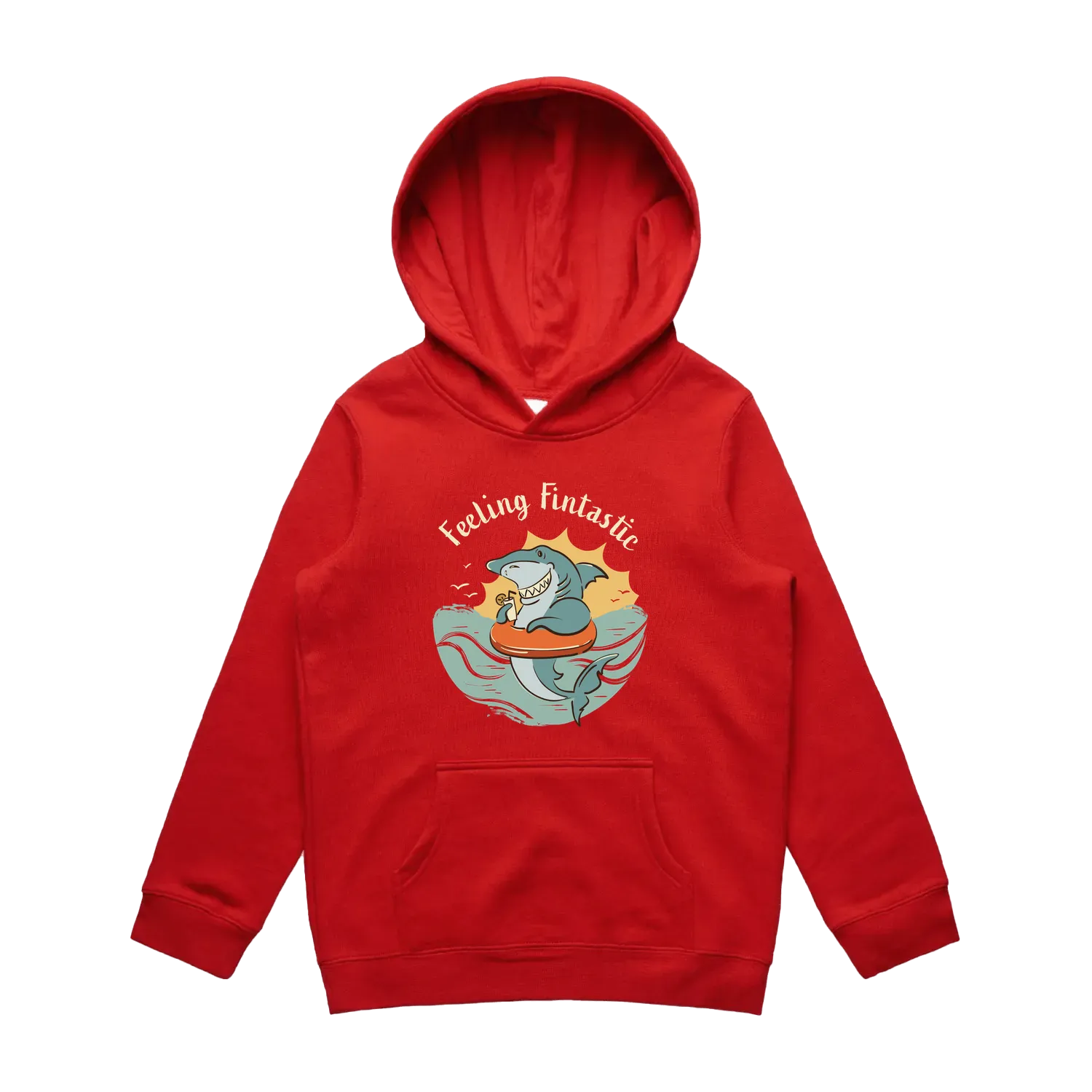 Youth red shark hoodie featuring a cute, funny hand-drawn shark design, Feeling Fintastic print