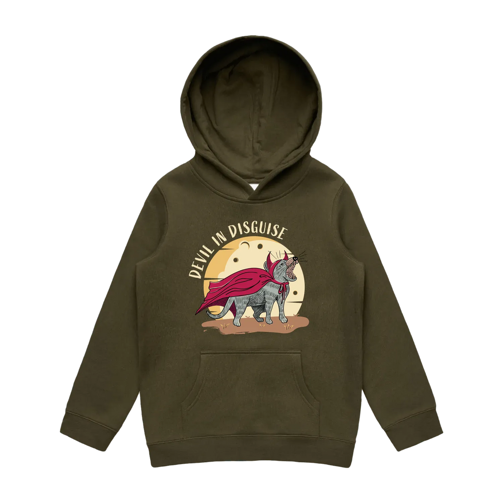 Youth army Tasmanian devil hoodie featuring a cute, funny hand-drawn design, Devil In Disguise print
