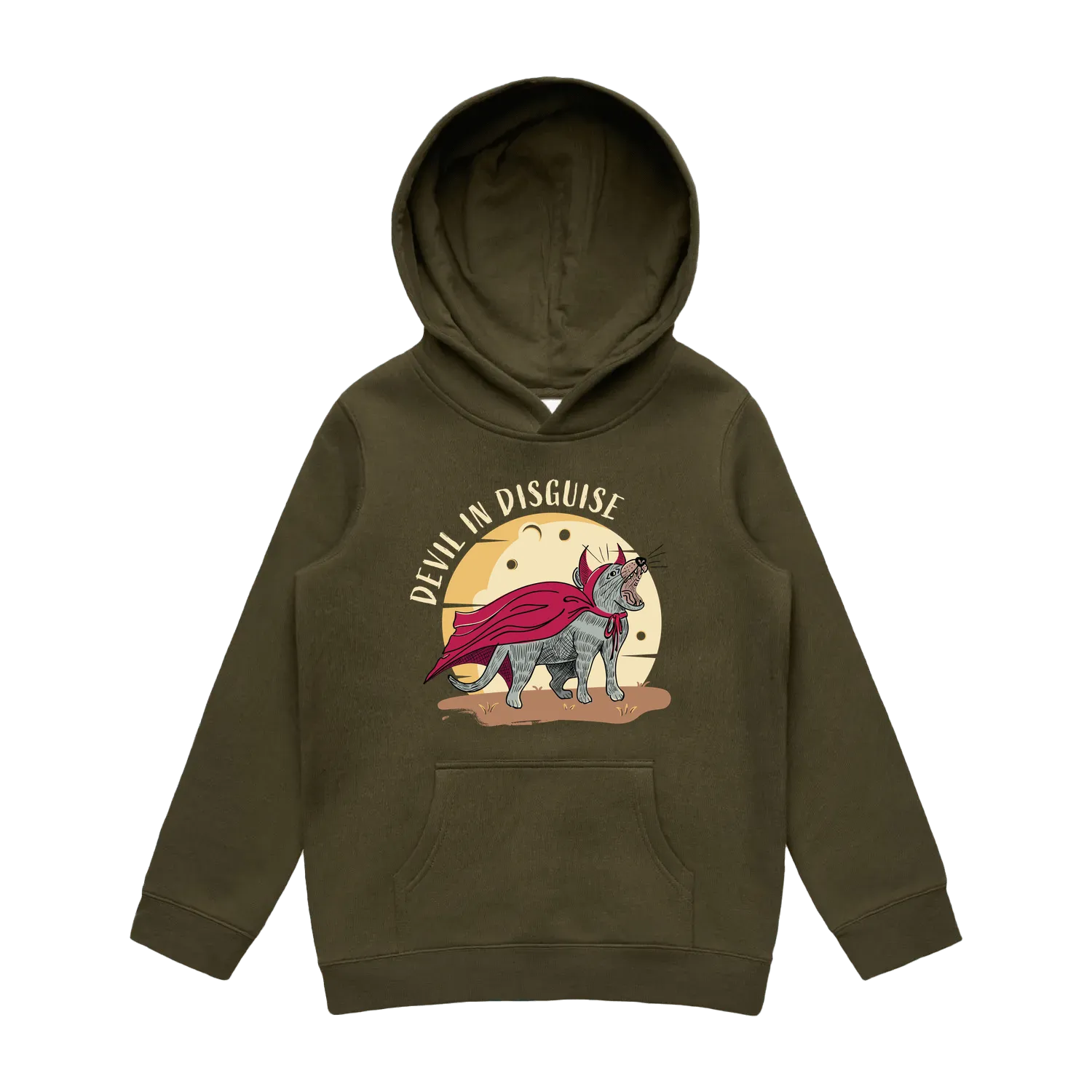 Youth army Tasmanian devil hoodie featuring a cute, funny hand-drawn design, Devil In Disguise print