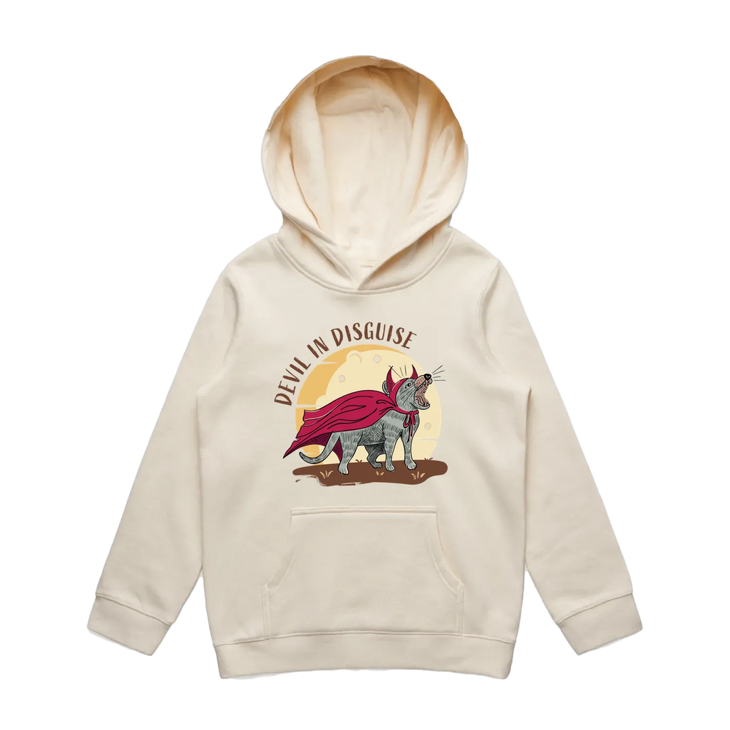 Youth ecru Tasmanian devil hoodie featuring a cute, funny hand-drawn design, Devil In Disguise print