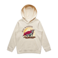 Youth ecru Tasmanian devil hoodie featuring a cute, funny hand-drawn design, Devil In Disguise print
