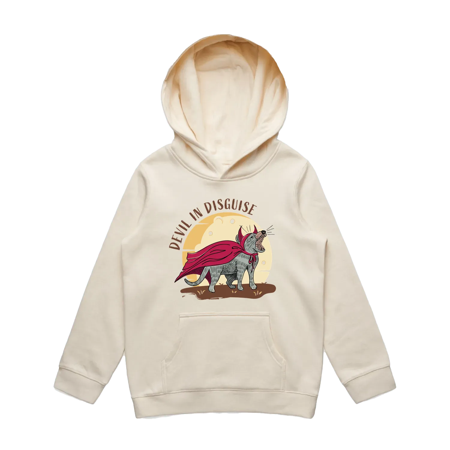 Youth ecru Tasmanian devil hoodie featuring a cute, funny hand-drawn design, Devil In Disguise print