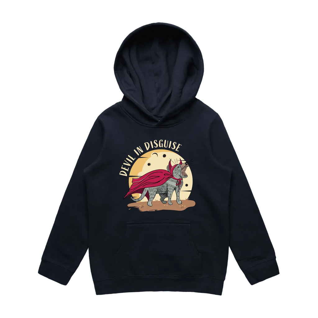 Youth navy Tasmanian devil hoodie featuring a cute, funny hand-drawn design, Devil In Disguise print