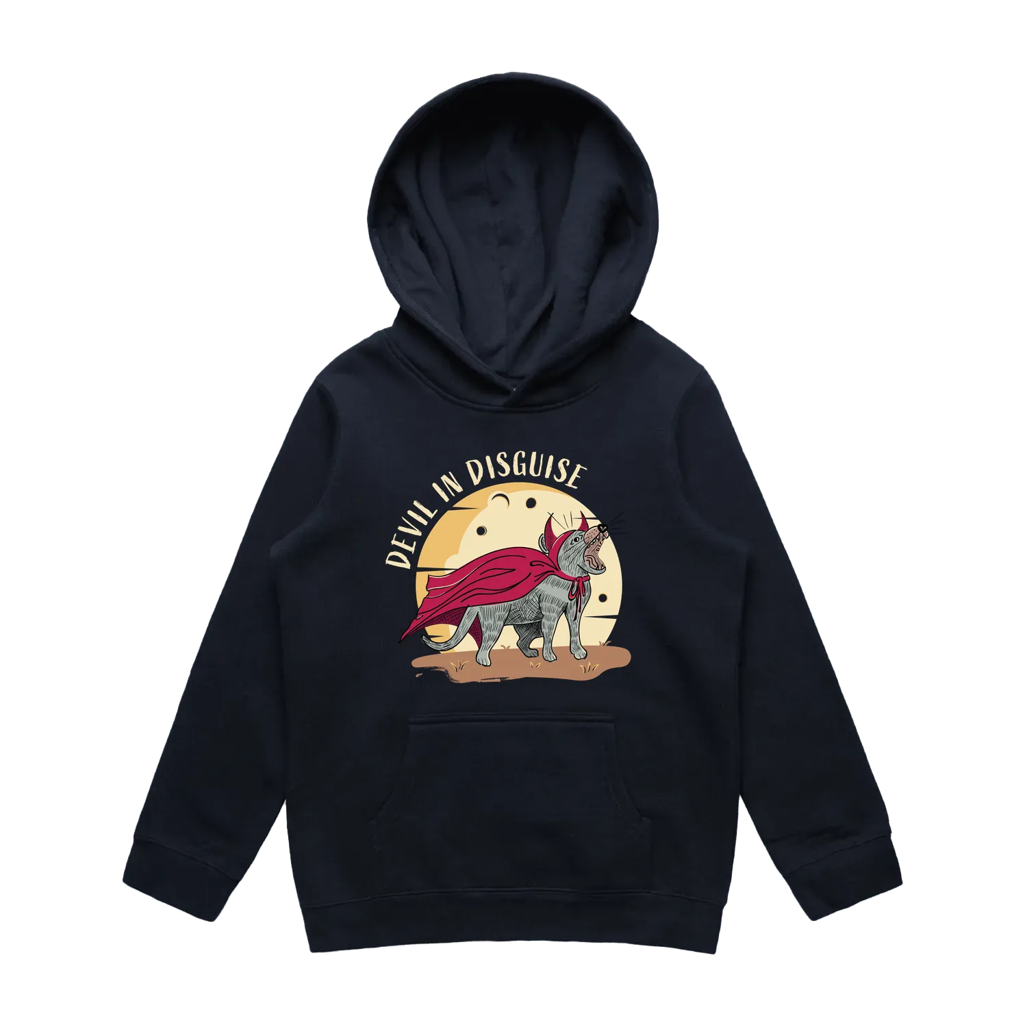Youth navy Tasmanian devil hoodie featuring a cute, funny hand-drawn design, Devil In Disguise print